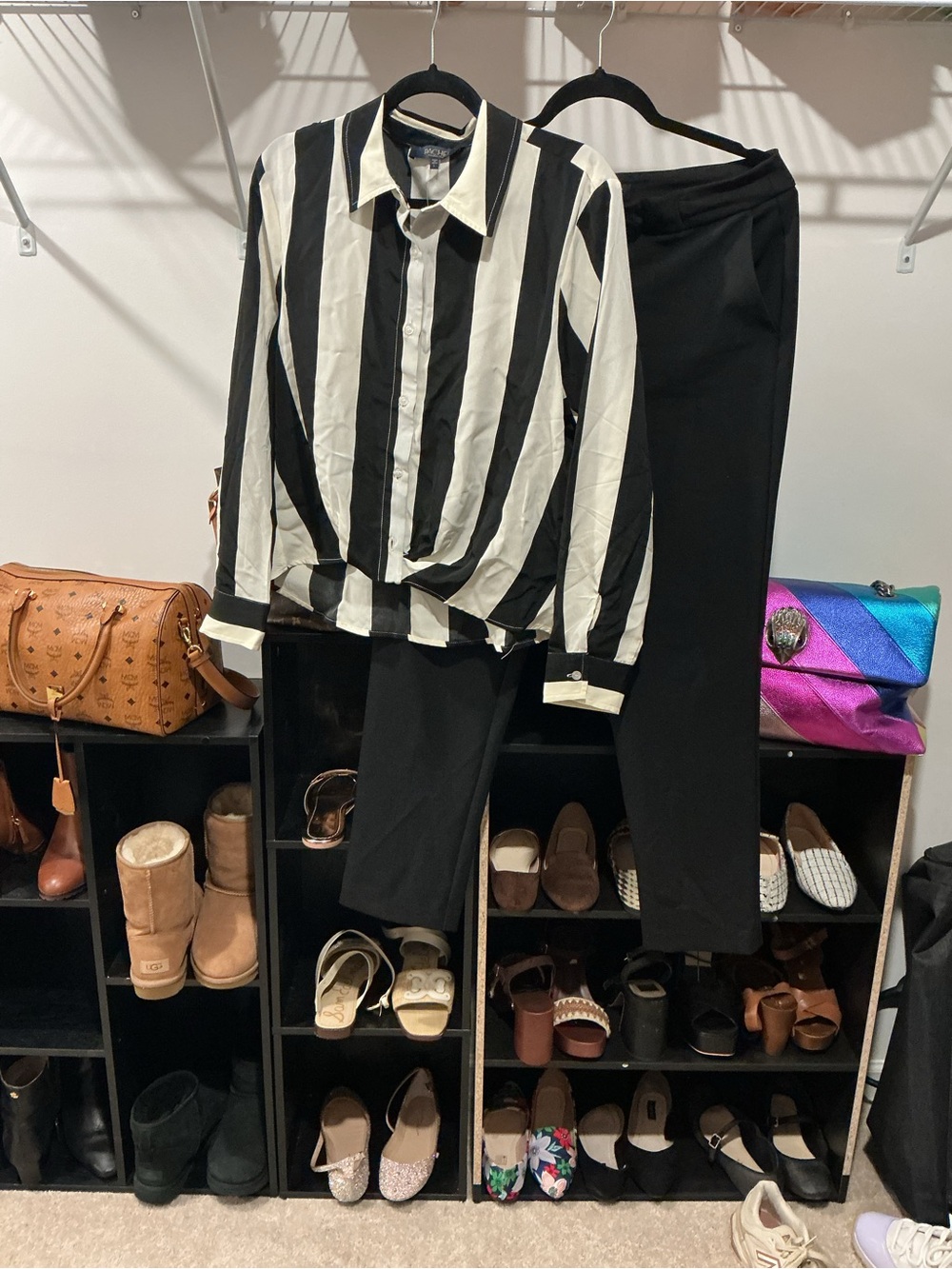 Rachel Black Dress Pants with Black & White Vertical Stripe Shirt